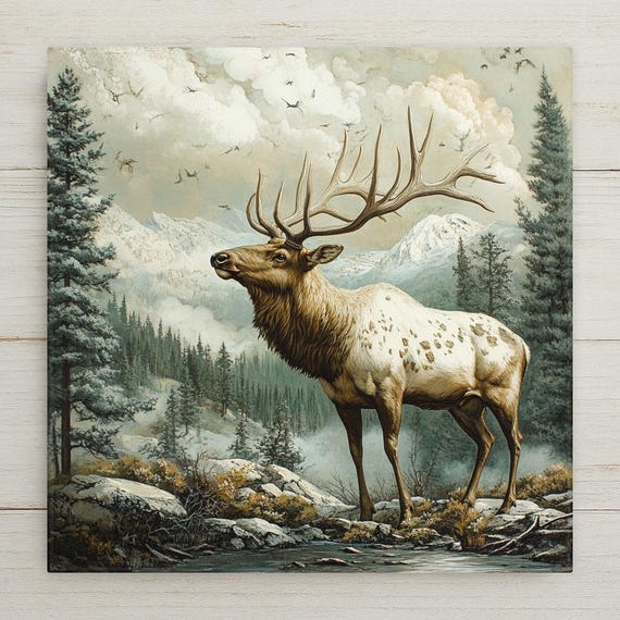 Rustic Elk Ceramic Tile: Audubon-Style Wildlife Art, Cabin Decor