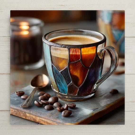Espresso Cup Wall Art Ceramic Tile Stained Glass Style Coffee Lover Gift Italian Cafe Kitchen Decor Gift for Him