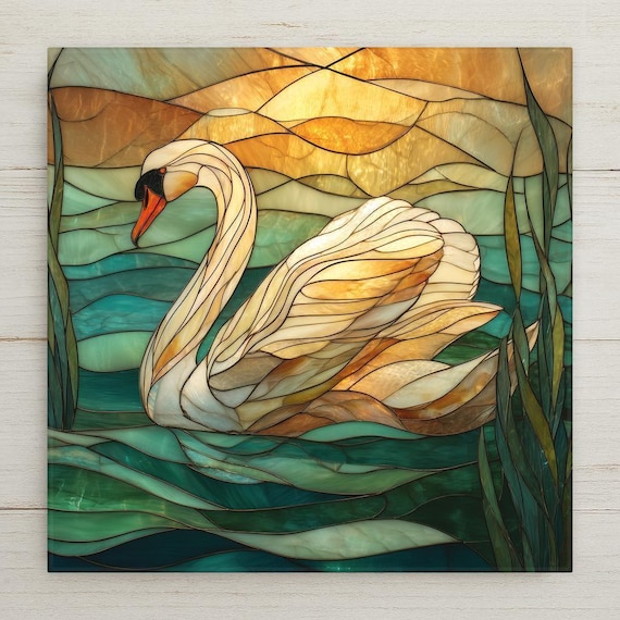 Swan Wall Art Tile - Ceramic Lake Sunset Design, Coastal Home Decor Gift