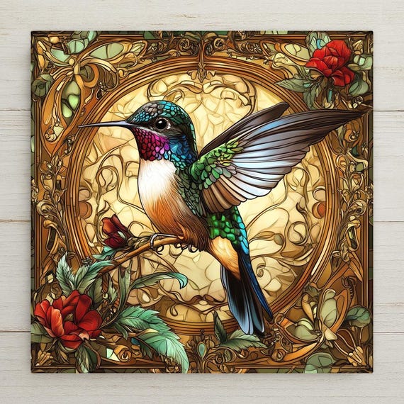 Art Nouveau Hummingbird Ceramic Tile: Mucha-Inspired Stained Glass Wall Decor, Trivet & Bird Lover Gift