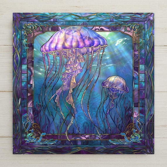Jellyfish Ceramic Tile Art: Stained Glass Style Ocean Wall Decor