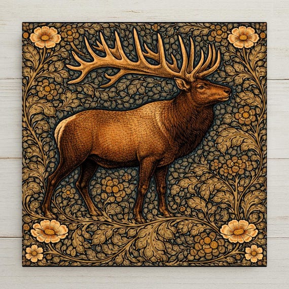 Elk Wall Art Ceramic Tile Wildlife Lover Gift Cabin Lodge Decor Bull Elk Antler Art William Morris Style Nature Tile