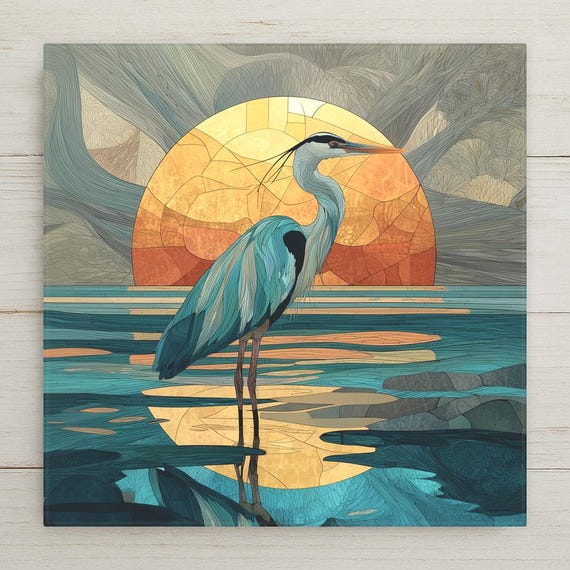 Coastal Blue Heron Ceramic Tile Wall Art - Beach Sunset Ocean Bird Design for Nautical Home Decor
