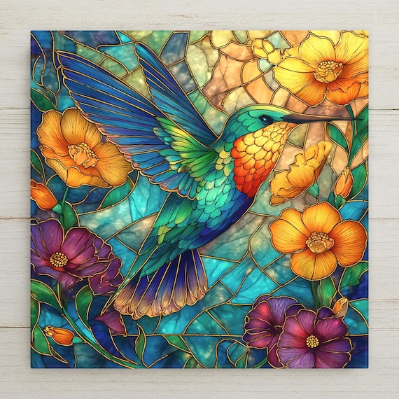 Hummingbird Ceramic Tile Art: Stained Glass Style Nature Decor