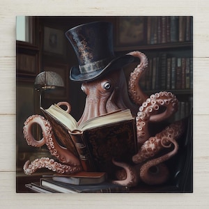 Steampunk Octopus Wall Art Ceramic Tile Dark Academia Decor Victorian Top Hat Octopus Tile Library Book Reading Art