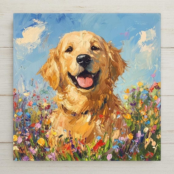 Whimsical Golden Retriever Ceramic Tile: Handmade Pet Portrait with Wildflowers - Unique Home Decor Gift