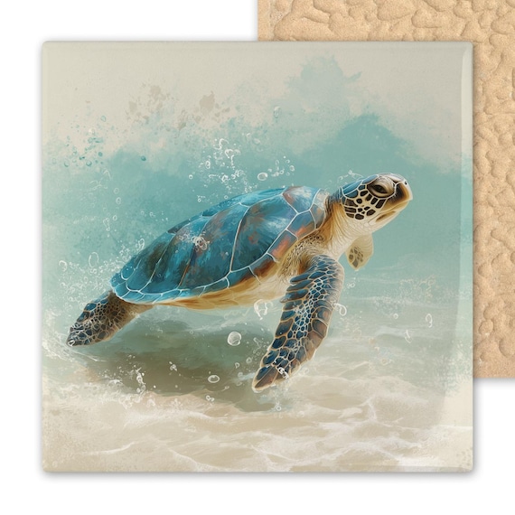 Sea Turtle Ceramic Tile Art - Teal Aqua and Sand Ocean Wall Decor - Coastal Wildlife Tile for Beach House or Sea Life Nature Lovers