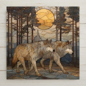 May include: A square wall art piece featuring a stained glass style illustration of two wolves walking through a forest. A large, golden circular moon hangs in the background behind tall, dark tree silhouettes. The scene uses warm brown, tan, and gold tones with distinct geometric lines throughout the entire composition.