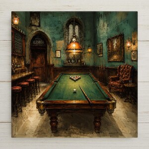 May include: A billiards room featuring a central pool table with a green felt surface, a rack of balls, and a cue stick. The room includes a wooden bar with stools, a leather armchair, wall-mounted framed art, and a hanging pendant light fixture.