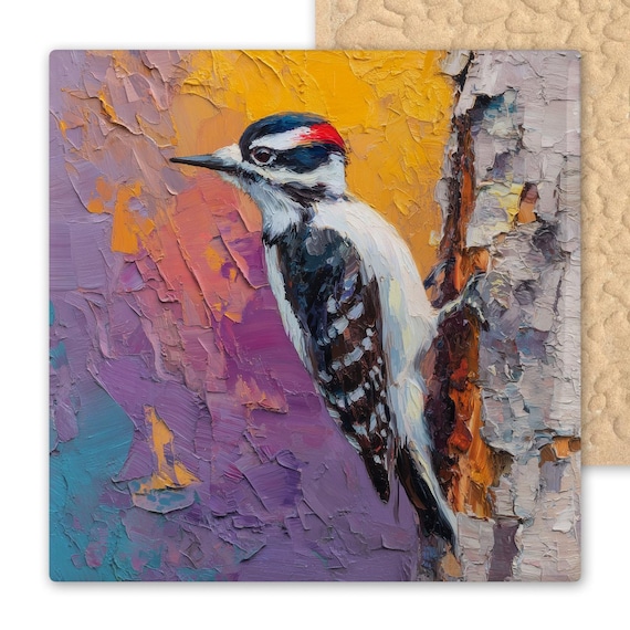 Vibrant Downy Woodpecker Ceramic Tile Art: Palette Knife Style Nature-Inspired Wall Decor for Bird Lovers