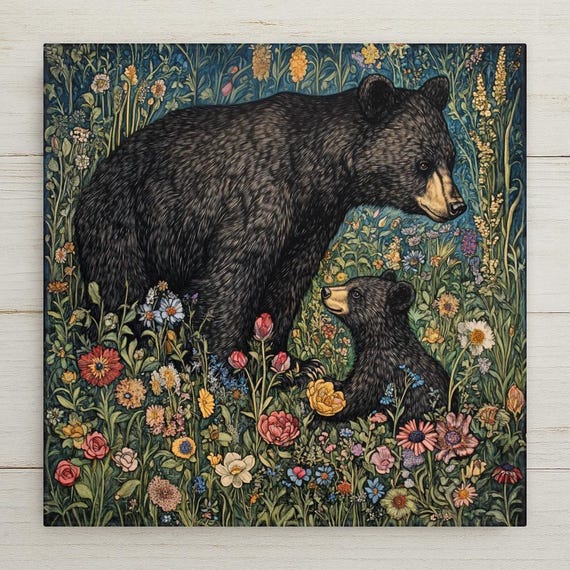 Art Nouveau Black Bear & Cub Ceramic Tile: William Morris Style Decor