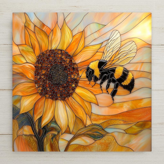 Handcrafted Stained Glass Bee & Sunflower Ceramic Tile - Garden Wall Art for Pollinator Lovers