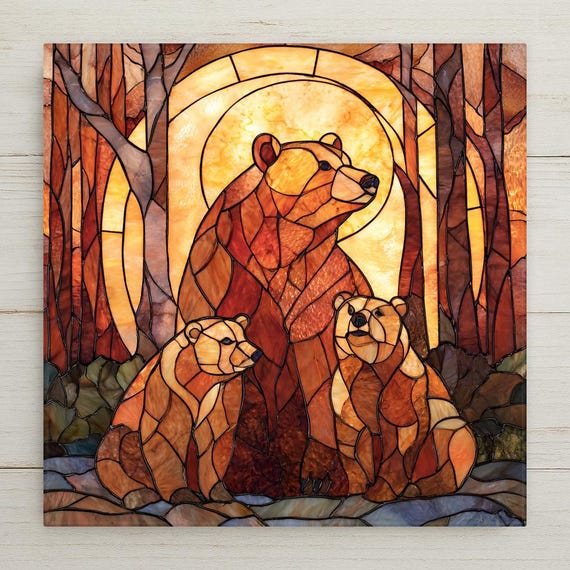 Bear Family Ceramic Tile Wall Art – Stained Glass Style Wildlife Decor, Rustic Cabin Home Decor, Woodland Nature Art Gift