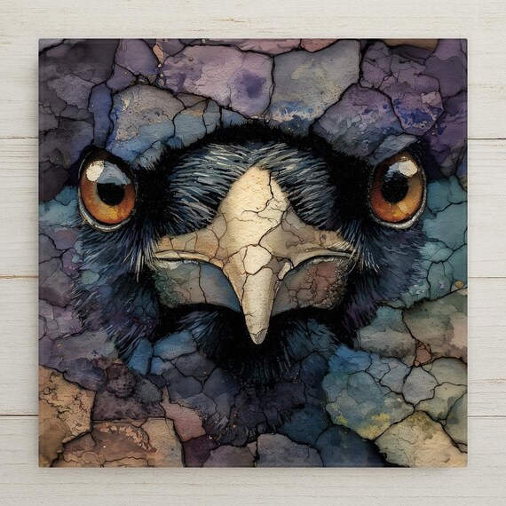 Raven Ceramic Tile Gothic Bird Wall Art Stained Glass Style Mystical Nature Decor Dark Academia Home Accent Decorative Tile