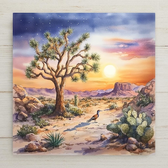 Joshua Tree Desert Ceramic Tile: Southwest Landscape Wall Art