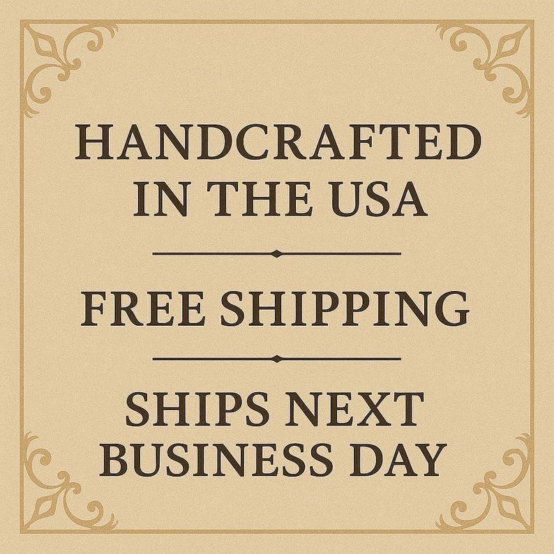 The image is a sign advertising a product, specifically a handmade item, that is free shipping and will be available for business the next day.