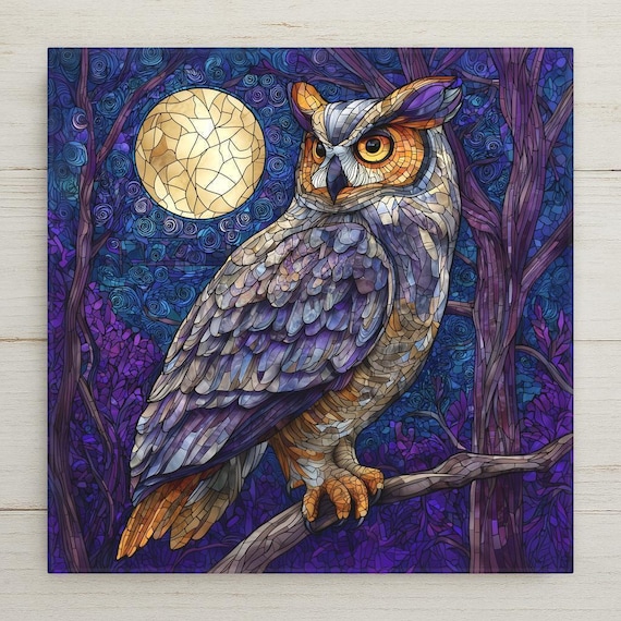 Owl Ceramic Tile Wall Art - Stained Glass Style Moonlit Forest Decor, Purple Wildlife Nature Home Gift