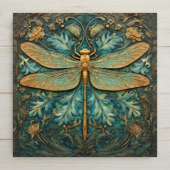 Art Nouveau Dragonfly Ceramic Tile Wall Decor - Teal Gold Nature Botanical Insect Design Home Gift