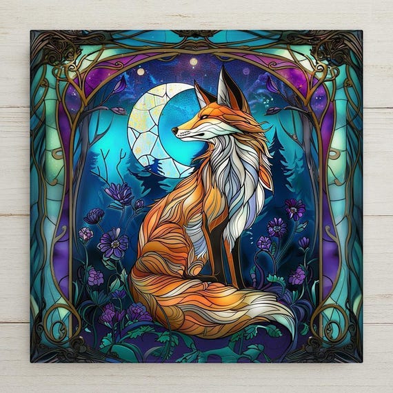 Art Nouveau Fox Ceramic Tile: Moon Phases Stained Glass Style Wall Decor