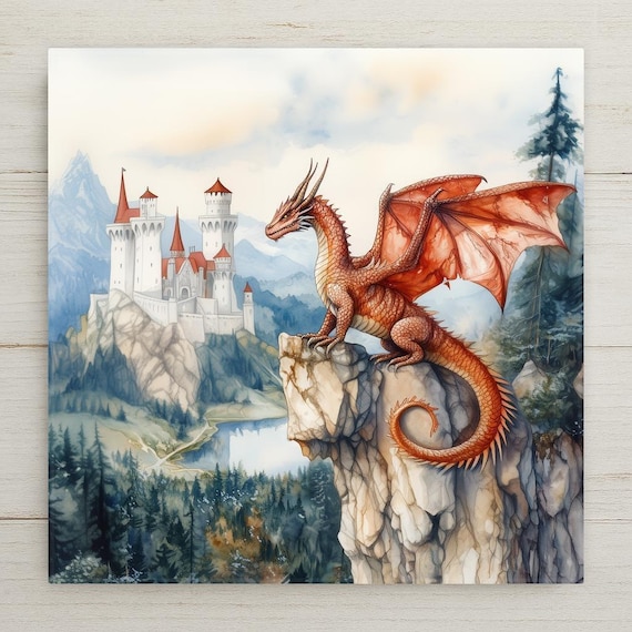 St George Style Dragon Ceramic Tile Wall Art – Watercolor Fantasy Castle Scene Home Decor, Medieval Wall Decor Gift, Myth Illustration Tile