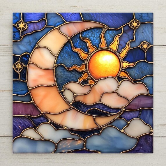 Celestial Ceramic Tile: Sun & Moon Wall Art, Stained Glass Style Decor, Spiritual Boho Gift