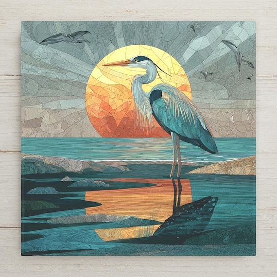 Coastal Great Blue Heron Ceramic Tile Wall Art: Stained Glass Style Ocean Sunset Beach Home Decor
