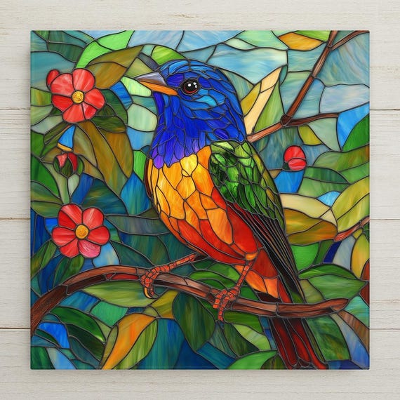 Painted Bunting Wall Art Ceramic Tile Bird Lover Gift Colorful Bird Decor Songbird Tile