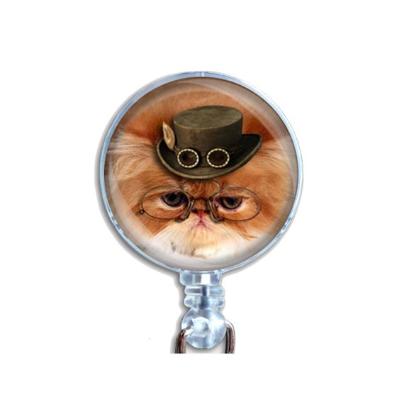 Steampunk Grumpy Cat Badge Reel – Retractable ID Holder with Ginger Cat, Glasses and Black Hat, Funny Gift for Nurses, Teachers, Cat Lovers