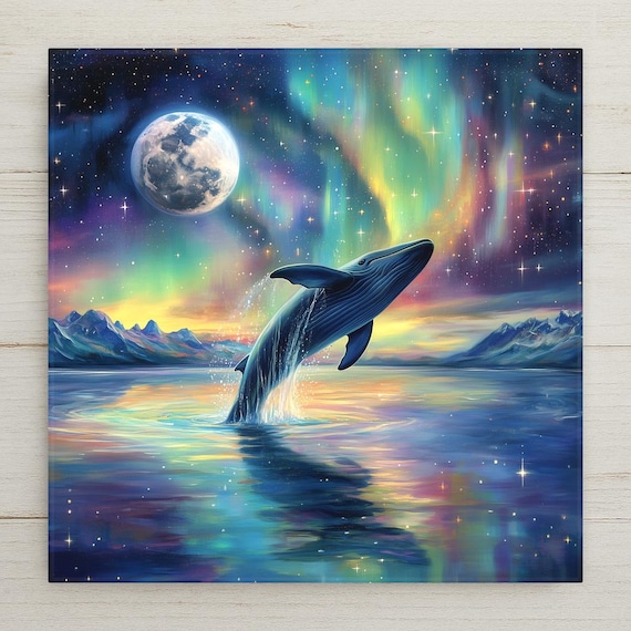 Breaching Humpback Whale Ceramic Tile Wall Art - Aurora Moonlight Ocean Scene Home Decor - Nautical Wildlife Wall Decor