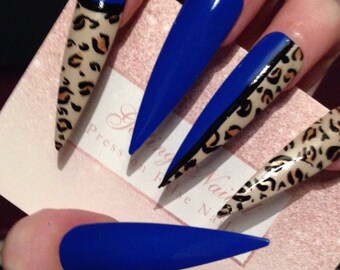 Extra Long Stiletto Animal Print Nail Royal Blue Nails Drag Queen Nails Show Girl Nails Full False Nails False Nail Set Leapard Print Extra Long Stiletto Animal Print Nail Royal Blue Nails Drag Queen Nails Show Girl Nails Full False Nails False Nail Set Leapard Print
