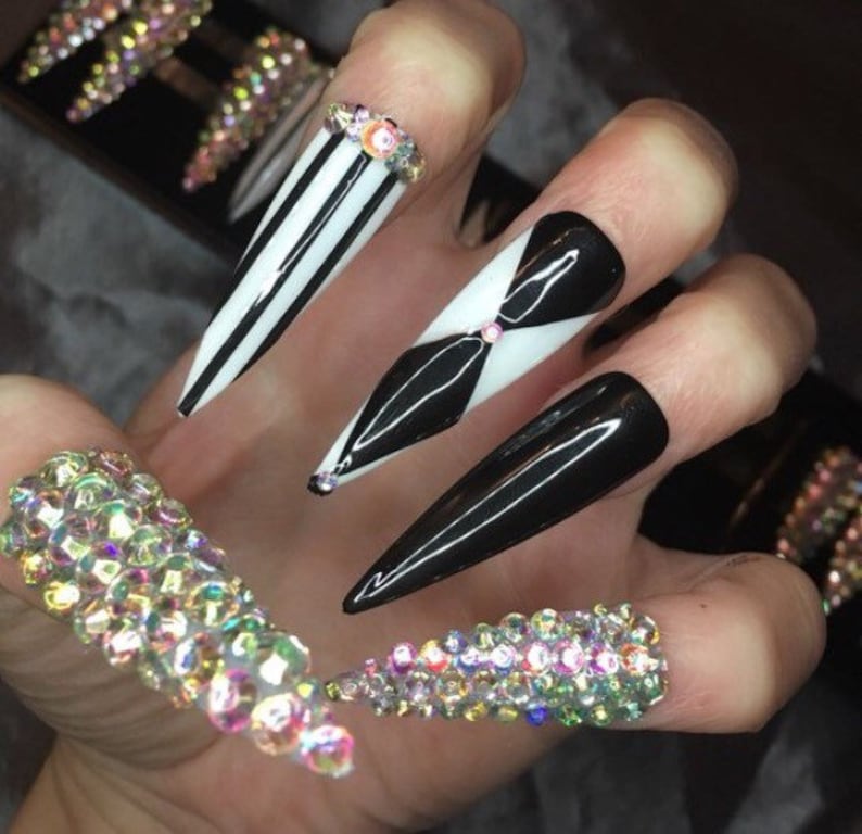 Black And White Black White Nails Diamond False Nailsretro Etsy