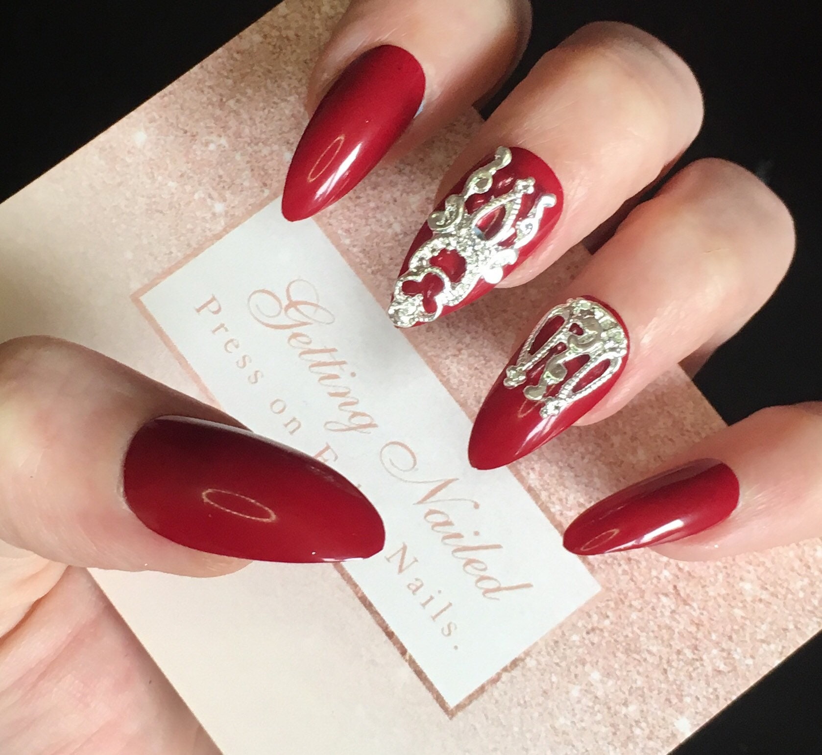 Deep Red Nails False Nail Set Dark Red Nails Jewel False Etsy Hong Kong