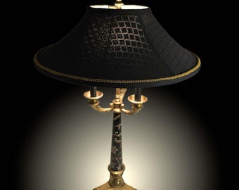Grand 32" Vintage Frederick Cooper Bouillotte Table Lamp Black & Gold Hand-painted Column