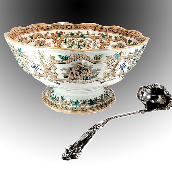 19th Century Furnivals Ironstone Punchbowl and 1835 R Wallace Punch Ladle