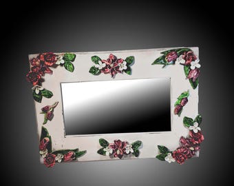 Ceramic Wall Mirror 36" Floral Embellished Country Chic Handmade