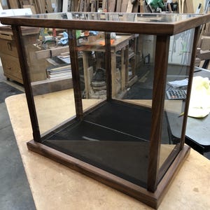 May include: A rectangular wooden display case with glass sides and a black felt bottom. The case is made of dark wood and has a simple, elegant design.