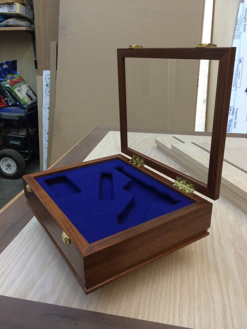 Pistol/gun Display Case Wood and Glass Sapele Mahogany maple, Cherry