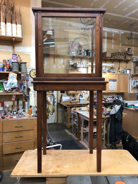 Wood and Glass Display Case Table Antiqued Alder W Hinged Wood