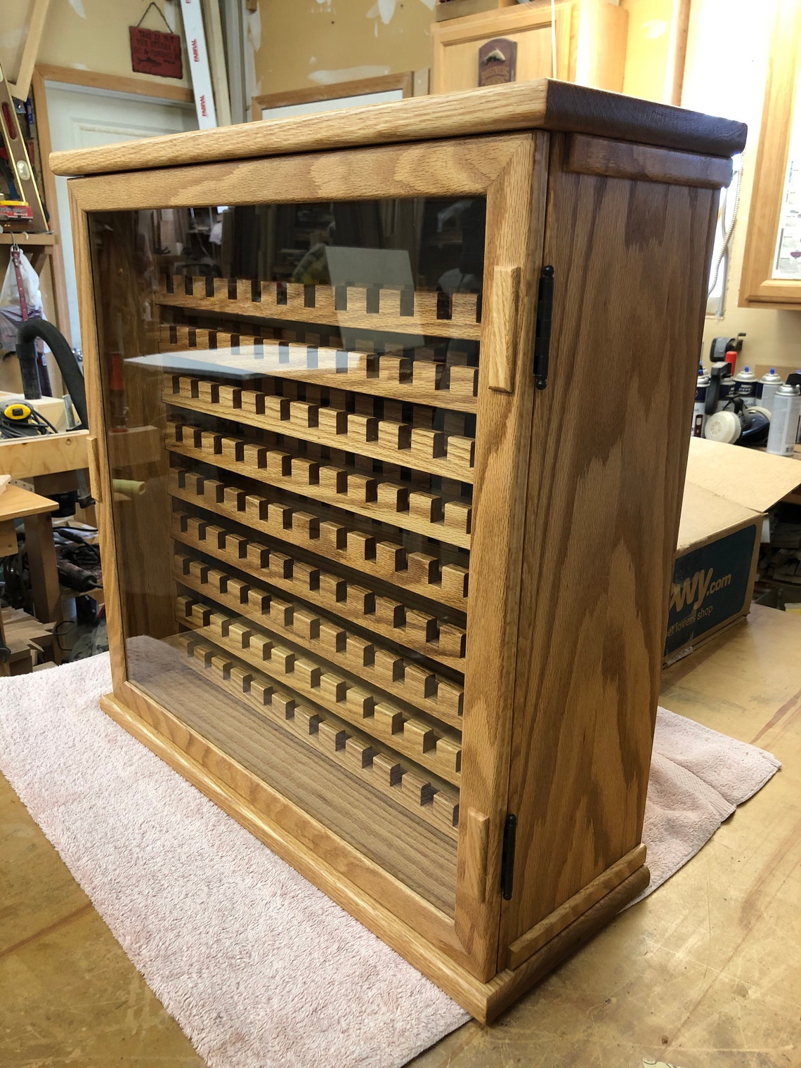 Wood and Glass Magazine Display Case Red Oak Holds 130 Luger Magazines