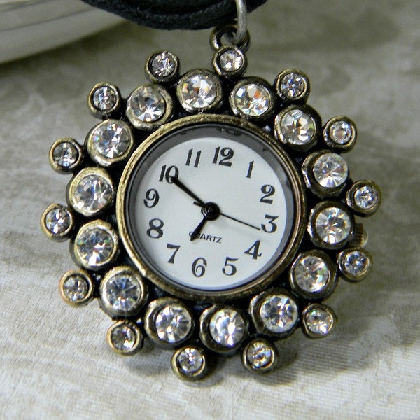 Vintage WATCH PENDANT NECKLACE Rhinestones Quartz Battery Black Cords