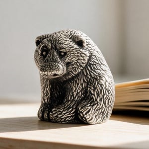 Op de afbeelding: Een klein, zilverkleurig berenbeeldje met gedetailleerde, geëtste vachtstructuren en een zittende houding. De beer heeft een ronde kop, kleine oren en een duidelijke snuit, met donkere, verdiepte lijnen die het vachtpatroon benadrukken.