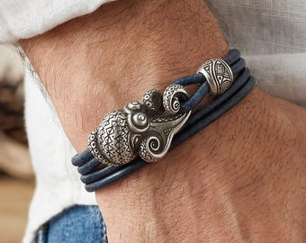 Bracciale con polpo in bronzo, bracciale in pelle da uomo, gioiello Maori con polpo, bracciale con simbolo dell'oceano, gioiello in stile nautico Maori, regalo per lui
