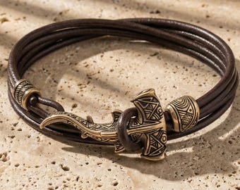 Maori Shark Bracelet Bronze, Hammerhead Shark Jewelry, Polynesian Protection Jewelry, Minimalist Leather Bracelet, Ocean Inspired Wristband