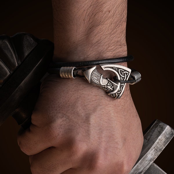 Mens Viking Bracelet with Norse Axe, Nordic Leather Bracelet for Men, Viking Jewelry Gift for Him