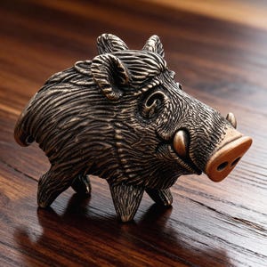 Könnte beinhalten: Eine bronzefarbene Wildschweinfigur mit detaillierter Fellstruktur, Hauer und rosa Nase. Die Skulptur steht auf einer dunklen Holzoberfläche, wobei sich das Licht auf dem polierten Holz spiegelt.