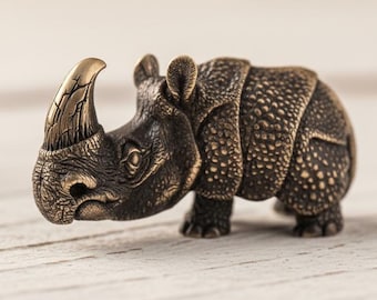 Bronze Rhino Figurine, Miniature Rhinoceros Sculpture, Handmade Bronze Animal Statue, Wildlife Collectible, Animal Lover Gift, Desk Decor