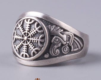 Viking Ring Helm of Awe, Odin Ravens Huginn Muninn, Silver Plated Bronze Norse Ring, Pagan Viking Jewelry, Scandinavian Talisman Ring