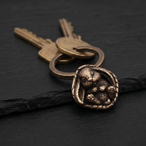 Sleeping Bunny Keychain Charm Bronze, Lucky Rabbit Pocket Talisman, Bunny Amulet for Keys Bag or Car, Cute Animal Good Luck Charm