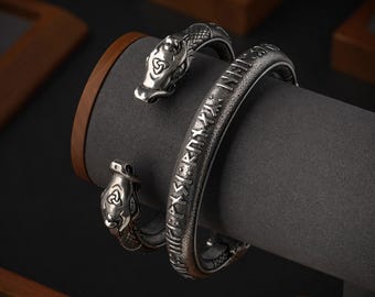 Viking Metal Adjustable Bracelet with Runes Torc With Dragon for Men Women Arm Ring Band Gift for Him and Her Viking Norse Jewelry 001-760