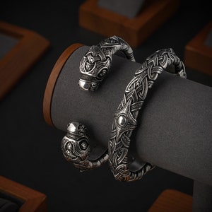 Viking Bracelet With Dragon Heads - Norse Adjustable Cuff Jormungandr - Viking Nordic Pagan Jewelry Armring for Men Women - art. 001-759